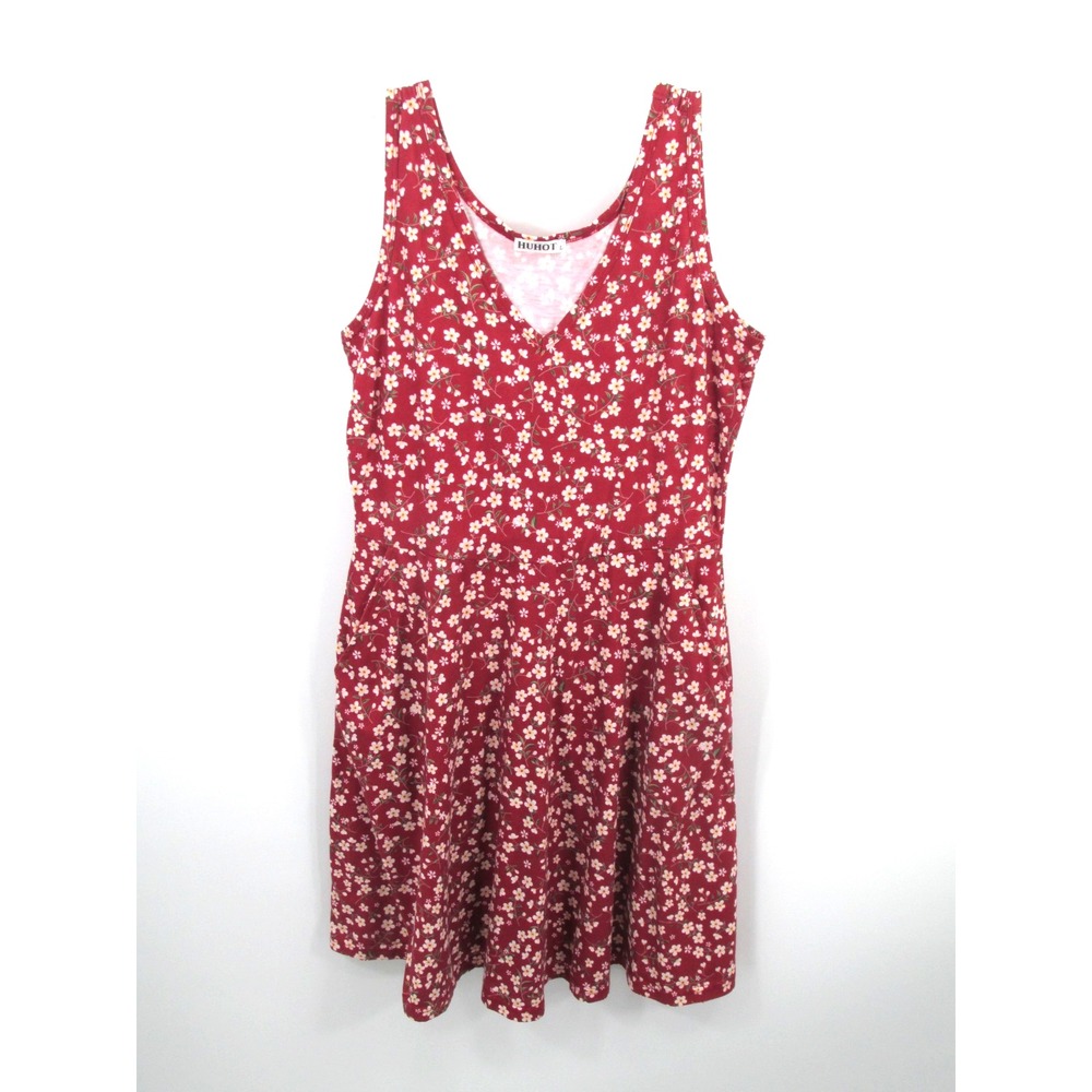 HUHOT Midi Summer Tank Dress Womens Large Red Floral V-Neck Pockets Cottagecore
